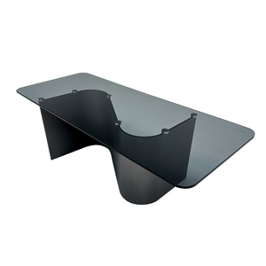 Meubles de salon modernes, table basse rectangulaire en verre trempé noir, base en bois en forme de vague, fabriquée en Chine, Wave Sha - Product Image 1