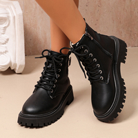 Bottines à lacets pour femmes avec boucle, fermeture éclair latérale, plateforme épaisse, bout rond, en cuir PU, style combat, noir crème