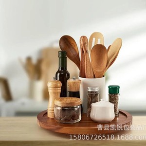 Wooden Rotating Condiment <b>Storage</b> <b>Tray</b> With Non Slip Base For Kitchen Use - Product Image 1