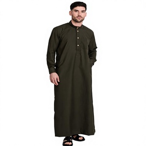 <b>Men's</b> Olive Green Cotton <b>Thobe</b> Long Sleeve Round Neck Floor Length Modest Prayer Wear All Seasons Solid Color Letter Breathable - Product Image 1