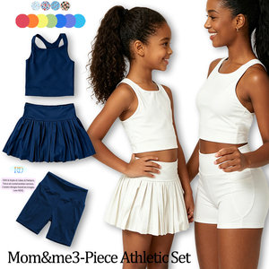 Ensemble 3 pièces d'été en Spandex et Nylon pour <span class=keywords><strong>Maman</strong></span> et Fille : Débardeur, Jupe Plissée et Short Cycliste pour <span class=keywords><strong>Yoga</strong></span> et Activités de Plein Air - Product Image 1