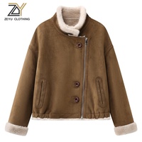 Veste Courte Zeyu en Faux Daim et Peau de Mouton Réversible à Col Montant et Fermeture Éclair Asymétrique, Manteau d'Hiver Style Motard, Manteaux en Fausse Fourrure Écologique pour Femme, ODM