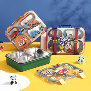 Bencircle B138 Stainless Steel Lunch <b>Box</b> 3 Compartments Portable Bpa Free Leak Proof For Children Cute Design Rectangle Shape - Product Image 1