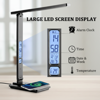 Lampe de bureau LED moderne portable avec calendrier, chargeur sans fil, port USB, réveil, double veilleuse pour lecture