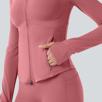 Chaqueta de yoga de alta compresión personalizada con cuello simulado, orificios para los pulgares, cremallera completa, para fitness, gimnasio, running, ropa deportiva para mujer, top.