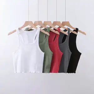 New solid color bodice wooden-ear hem U-neck narrow shoulder sleeveless vest for women custom embroidery ribbed fabric tank top