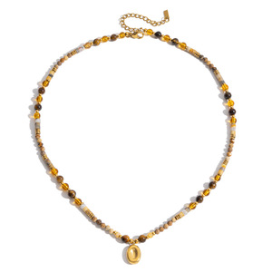 Tiger's Eye Natural Stone <b>Beaded</b> <b>Necklace</b> With Gold Pendant For Fashion Jewelry - Product Image 5