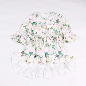 Robe tendance pour tout-petits, style mixte, en similicuir et à manches longues, imprimé floral, avec ourlet à volants, pour bébés filles - Product Image 3