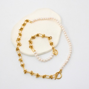 Waterproof Jewelry Sets Stainless Steel 18k Gold Plated Pearl Beads Knotted <b>Chain</b> Toggle Clasp Elegant Layered Jewelry for Women - Product Image 1