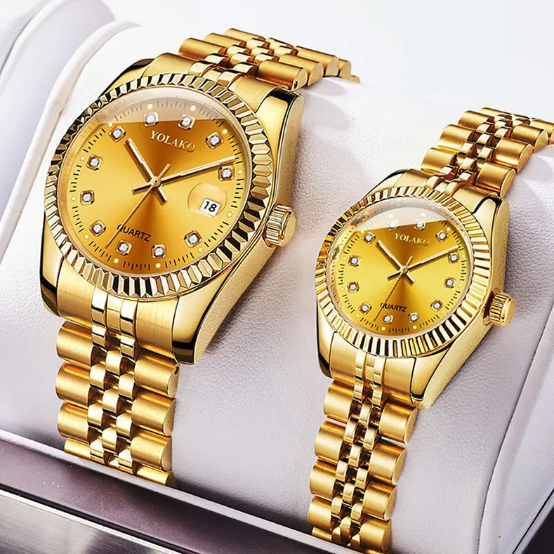 YOLAKO-01 Couple Montre Bande En Acier Montre Glow Calendrier Dot Diamant Échelle Chambre Or Affaires Quartz Étudiant Montre