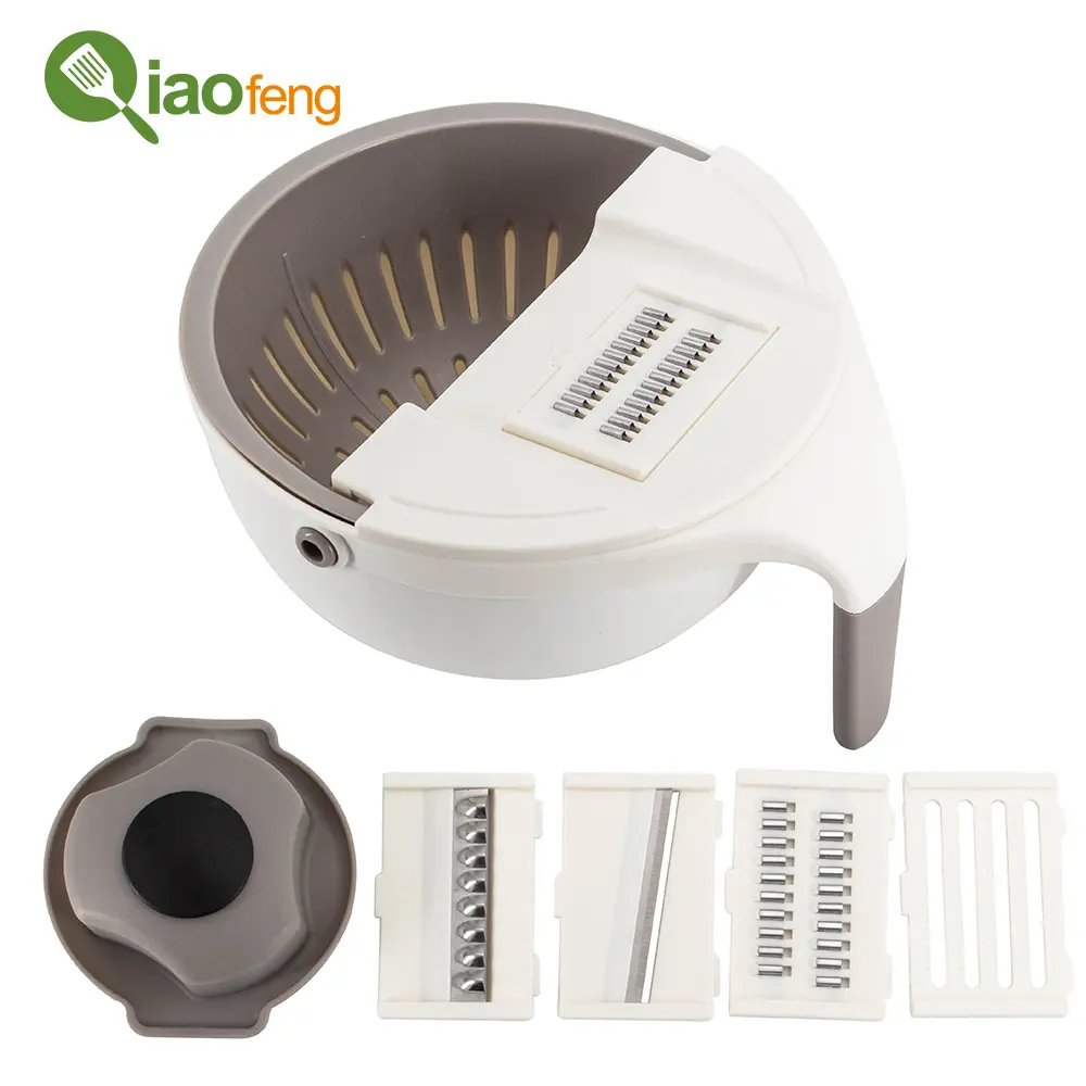 Multifunction Rotate Vegetable Cutter with Drain Basket Vegetables Chopper Veggie Shredder Kitchen Grater with 4 Dicing Blades