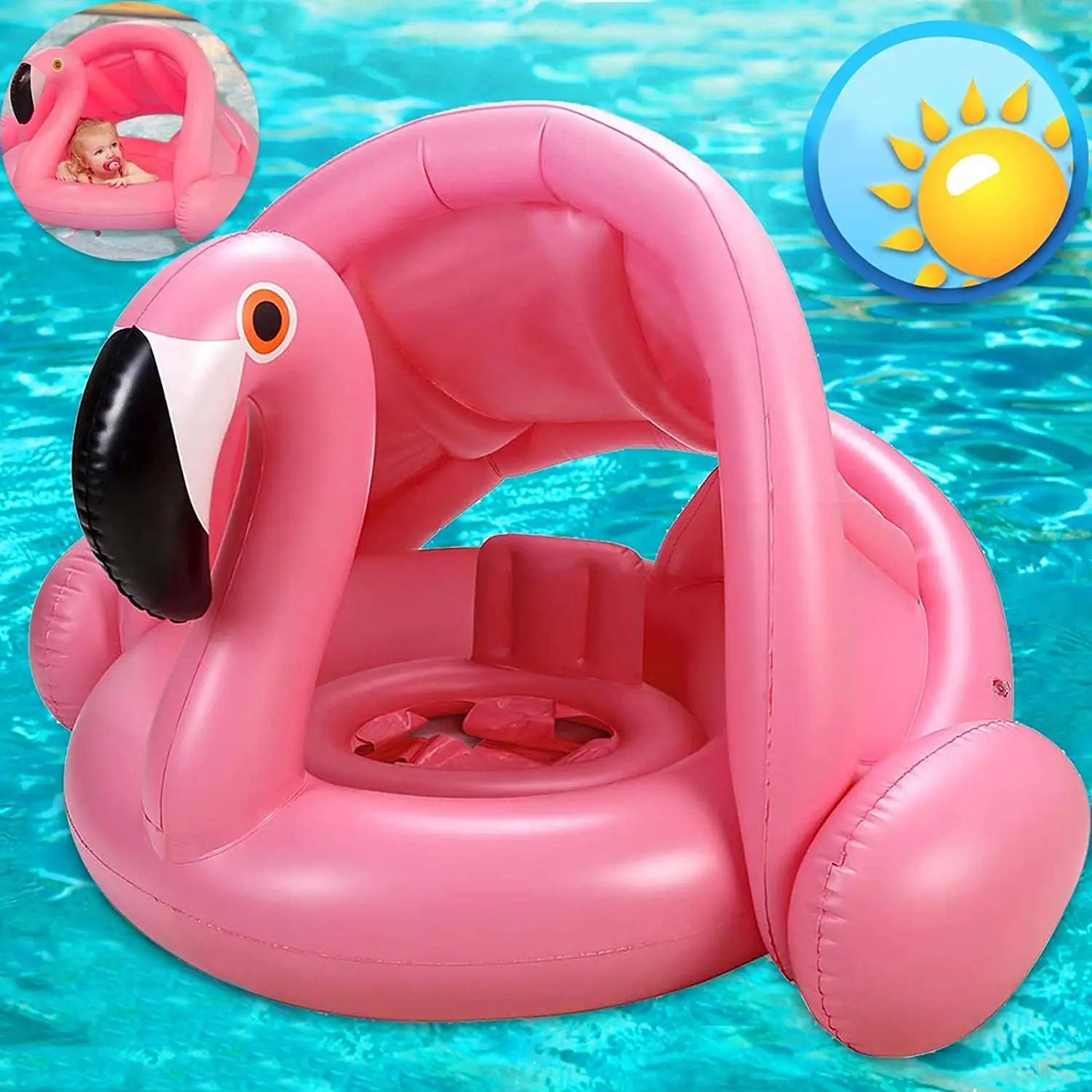 Flamingo Baby Swim Ring Inflatable Pool Float Sunshade for Infant Kids Boys Girls Toddlers Summer Outdoor Beach Water Toys