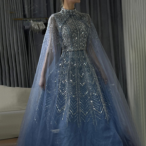 Abito da sera Serene Hill LA72728 a collo alto con perline, linea ad A, con mantello in tulle, elegante, blu polvere, stile arabo, per feste formali da donna - Product Image 1