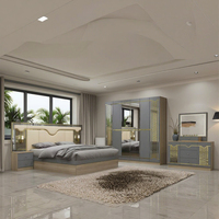 Ensemble Complet de Meubles de Chambre d'Hôtel Modernes en Bois de Luxe, Fini Laqué Brillant Beige, Grand Lit Double King Size Pas Cher