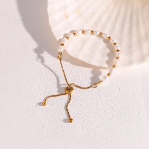 Unique <strong>Drawstring</strong> Fresh Water Pearl Bead <strong>Bracelet</strong> 18K Gold Plated Stainless Steel Chain <strong>Bracelet</strong> - Product Image 6
