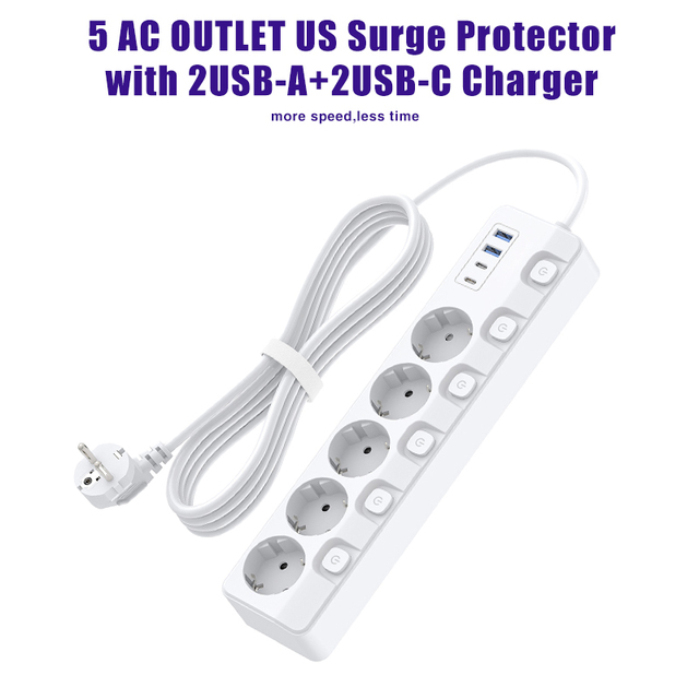 New Design Industrial Use Multi-layer Power Board Socket Extension Line Surge Protector European Plug 2 USB-A 2 USB-C Ports PC