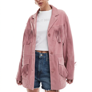 Chaqueta de borla de gamuza Premium en rosa pastel para mujer, chaqueta elegante de gamuza genuina, abrigo con flecos de borla, decoración, chaqueta de motorista de vaquero - Product Image 1