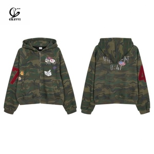GRAVVI Camo Patch Hoodie Vintage Streetwear <b>Zip</b> <b>up</b> Sweatshirt for Men Retro <b>Jacket</b> - Product Image 1