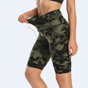 Yoga Shorts With Side Pocket Camouflage Green Style Army Green Custom Logo Printed Shorts Yoga Workout Fitness Spandex Shorts