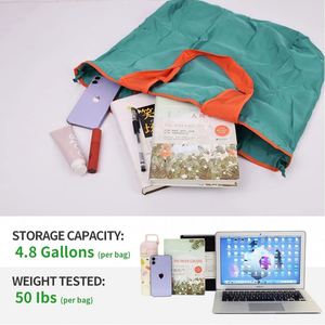 Large <b>Folding</b> Tote Bag Kitchen Foldable Pocket Grocery Bag Reusable Drawstring Nylon Shopping Bag - Product Image 5
