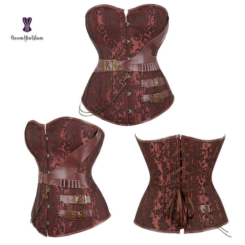 Women vintage gothic single belts steampunk clothing faux leather plus size black brown corsets and bustiers top
