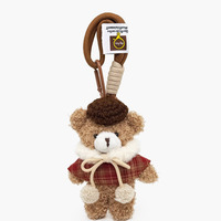 Porte-clés en peluche ours brun Kawaii avec béret tricoté et cape à col fourrure à carreaux, pendentif de sac animal en peluche, cadeau