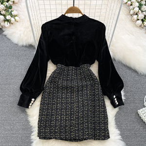 Robe rétro <span class=keywords><strong>chic</strong></span> en velours et tweed - Col roulé, taille ultra haute avec taille à panneaux - Product Image 4