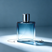 Flacon de parfum en verre plat de luxe, 50 ml, 100 ml. Flacon de parfum transparent avec un bouchon noir.