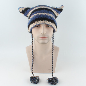 Unisex handmade sọc mèo ba chiều Tai Beanies người lớn mùa thu và mùa đông ấm mũ - Product Image 3