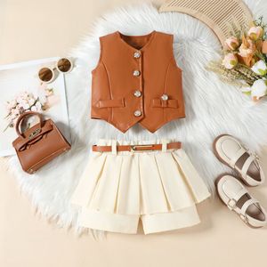 Conjunto para Niñas 2025, Nuevo Conjunto <span class=keywords><strong>de</strong></span> Verano <span class=keywords><strong>de</strong></span> Tres Piezas con Top <span class=keywords><strong>de</strong></span> <span class=keywords><strong>Piel</strong></span> Sintética con Cuello en V, Falda Pantalón y Cinturón - Product Image 2