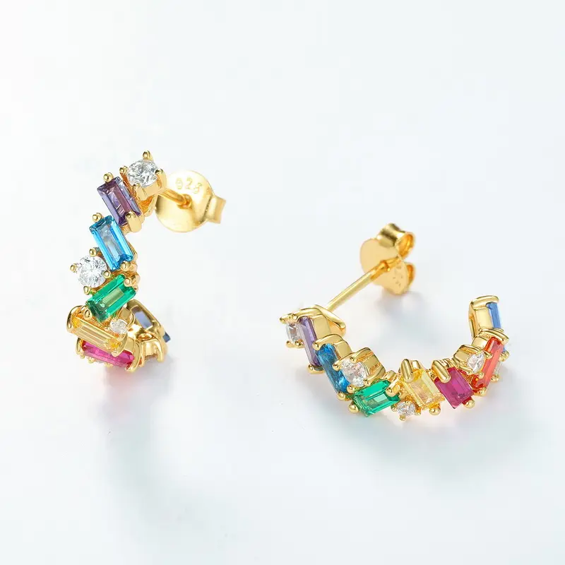 925 Silver Gold Plated Multicolor Zirconia Rainbow Cz Stones Bar Diamond Stud Earring For Women