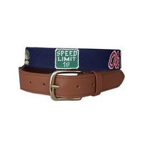Ceinture en cuir de vachette faite main Campus Blue avec broderie, design personnalisé, pour usage professionnel et décontracté, longueur sur mesure, boucle en cuivre