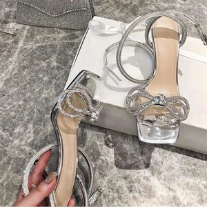 Trendy Summer Silver Square Toe High Heels for Ladies Knot <b>Sandales</b> Talon Femme Ankle Cross Strap Bling Elegant <b>Bow</b> Heels - Product Image 4