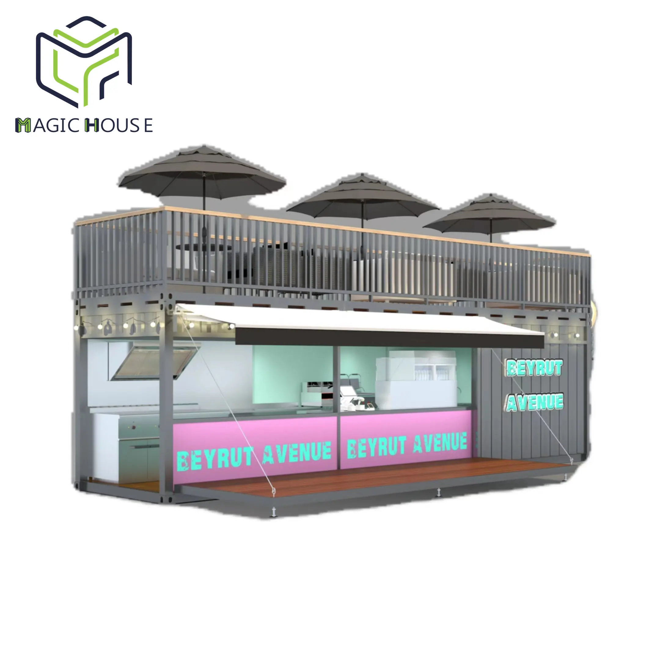 Magic House 30ft Dubbele Vloer Container Industriële Stijl Café Met Opvouwbare Terras Hip En Verfrissende Koffie Ervaring