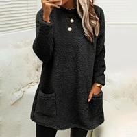 Automne hiver coréen avant Logo couleur unie cou décontracté ample à manches longues poche en peluche sueur femmes Anti-boulochage