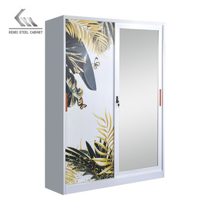 Basit baskılı ev yatak odası dolap tasarımı 2 sürgülü kapı çelik dolap Almirah Metal dolap - Product Image 3