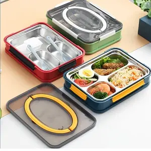 Personalizado 5 Compartimentos 304 Aço Inoxidável Isolamento A Vácuo Lunch Box Multi Color Com Talheres Set e Soup Bowl