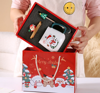 Tasse en céramique Wisteria de Noël avec couvercle en bois et cuillère – Coffret cadeau motif Père Noël et Bonhomme de neige pour les fêtes/Nouvel An, usage domestique/bureau