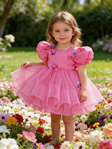 Abito da festa per <span class=keywords><strong>bambina</strong></span> con maniche a sbuffo, applicazioni 3D a <span class=keywords><strong>farfalla</strong></span>, balze in tulle, abito da damigella d'onore - Product Image 5