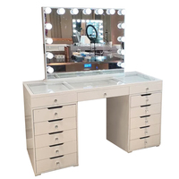 Table de maquillage en bois avec plateau en verre blanc, miroir LED Hollywood, tiroirs de rangement pour chambre à coucher et boutique de mariée