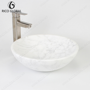 Lavabo en marbre RICO GLOBAL, vasque ronde, finition polie blanche, lavabo minimaliste pour salle de bain, montage sur le dessus, robinet à un seul trou - Product Image 2