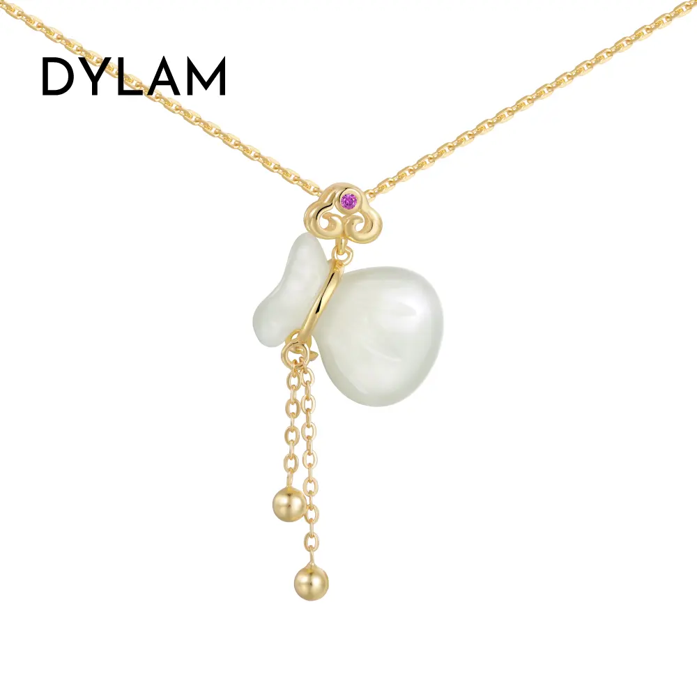 Dylam Chinese Style Design S925 Silver 22K Gold Plated Fine Jewelry Women Link Chain Hetian Jade Lucky Bag Pendant Necklaces