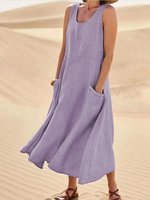 Robe Vintage Élégante pour Femme, Sans Manches, Col Rond, Taille Mi-Haute, Coupe Trapèze, en Coton et Lin avec Poches et Design Texturé 3D