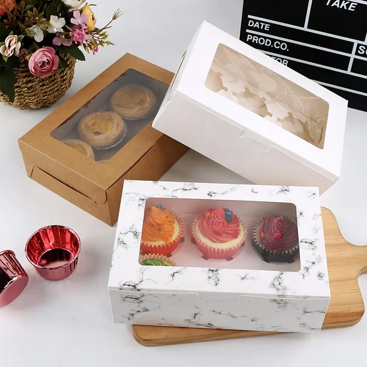 Individuelle Cupcake-Schachteln mit Fenster Goldener Lieferant Kraftkuchen-Schachteln 3 4 6 12 24 Löcher weiße Cupcake-Schachteln