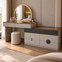 Coiffeuse avec miroir arqué, plateau en verre noir, bande lumineuse LED, tiroirs gris pour chambre et salon à domicile