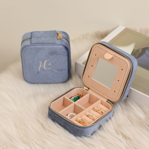 Wholesale Velvet Square Zipper Closure Fashionable Travel Jewelry Box Organizer Custom Logo Earring Ring Necklace - Product Image 3