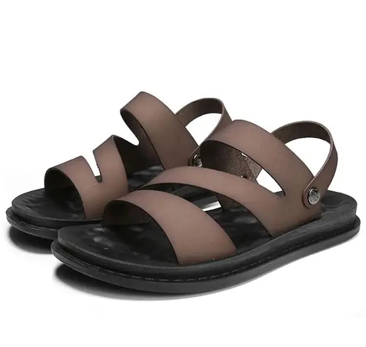 Dropshipping Custom Logo Brown Leather Sandals for Men Soft Sole Outdoor Flat Sandals Casual Shoes Men