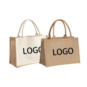 Sacs de courses réutilisables avec poignées en coton, sacs fourre-tout en toile de jute, sacs de plage en jute, sacs fourre-tout réutilisables en toile de jute - Product Image 1