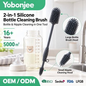 Brosse à biberon en silicone 2 en 1, double extrémité, nettoyeur de tétine, brosse de nettoyage de bouteille d'eau à long manche, noyau en acier inoxydable - Product Image 1