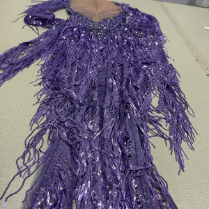 Body de lentejuelas moradas con flecos, malla nude, pedrería, diseño de llama, manga larga, cuello tipo gargantilla, para danza <span class=keywords><strong>latina</strong></span>, espectáculos y leotardo de escenario. - Product Image 4